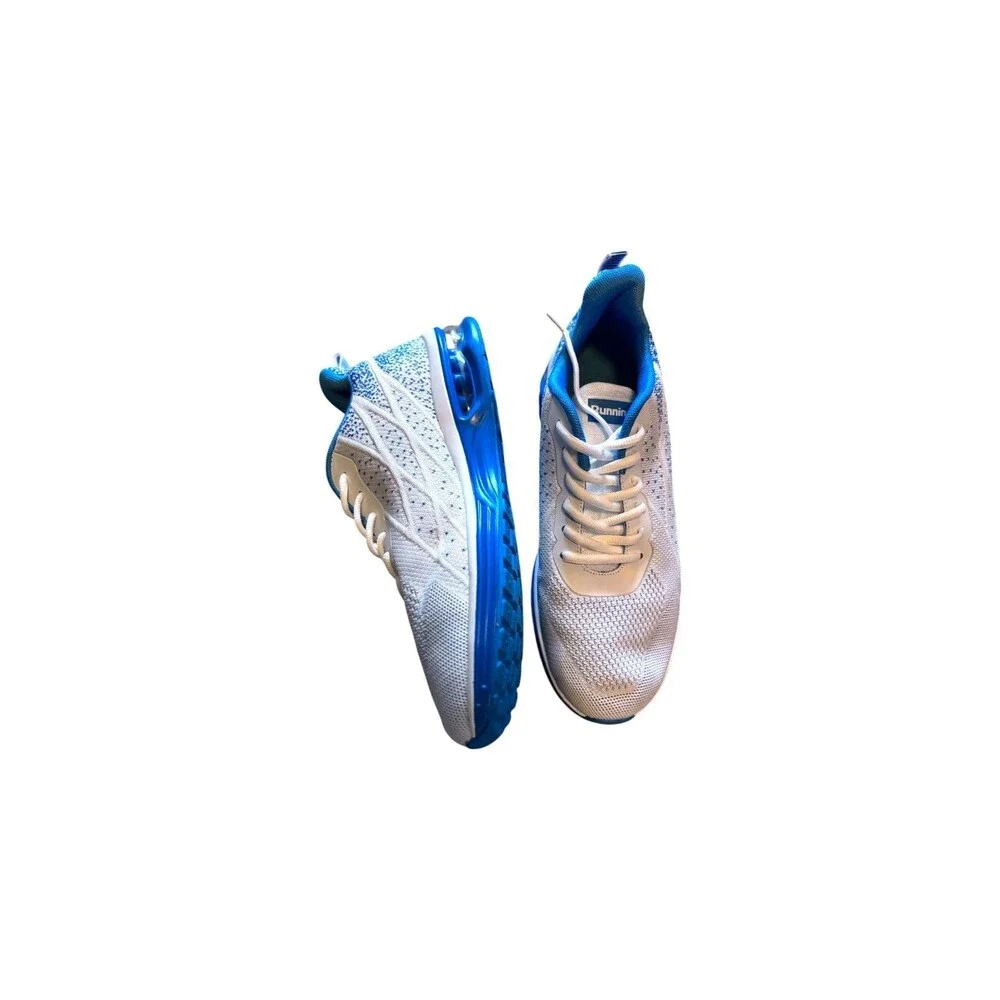 Mens Size 10 White Blue Air Running Shoes Knit Lightweight Athletic Sneakers